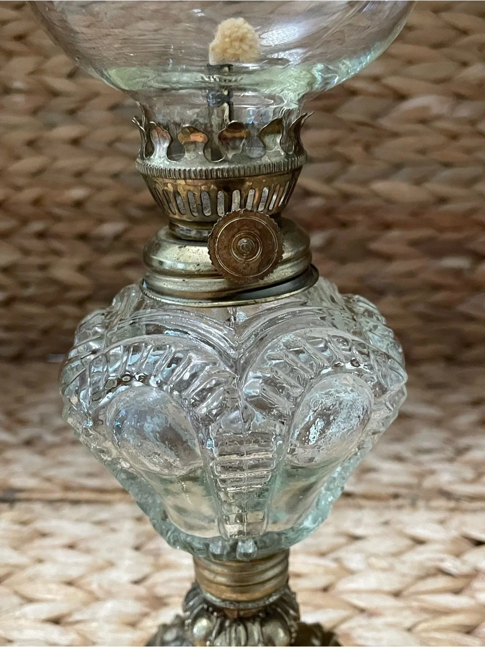 Vintage Pressed Glass and Metal Oil Lamp 11”